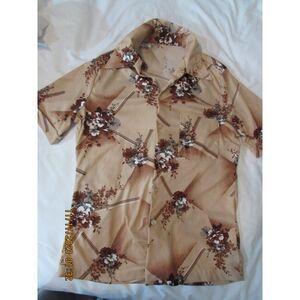 MEN'S VINTAGE BUTTON-DOWN SHIRT POCKET BROWN FLORAL NOVELTY PRINT SMALL HAWAIIAN